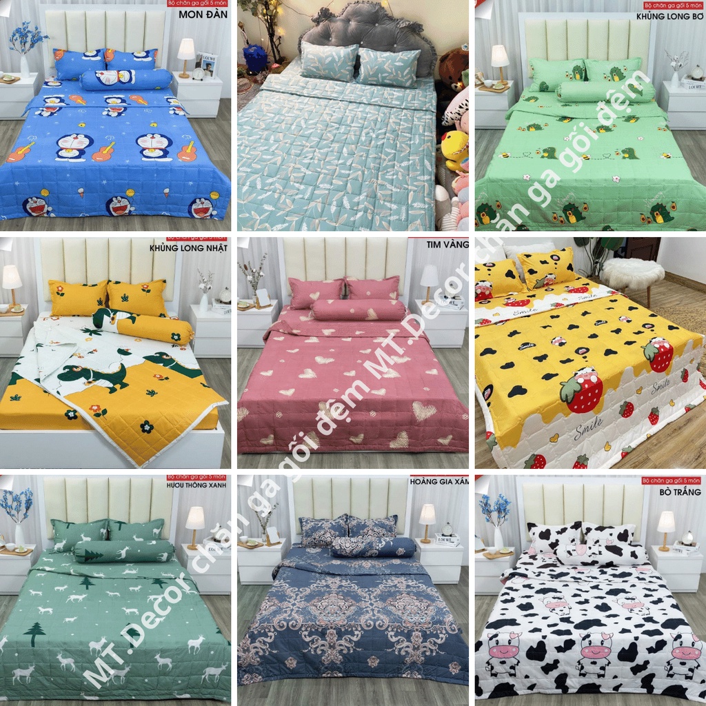 Bộ chăn ga gối 5 món Poly Cotton phong cách Hàn Quốc, chăn hè chân bông ga gối đủ kích thước 1m6 1m8 2m2 - MT.Decor