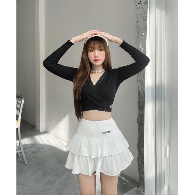 Áo Croptop Tay Dài Đắp Chéo Ren Cột Nơ DOLA CLOTHES Áo Tay Dài Phối Ren
