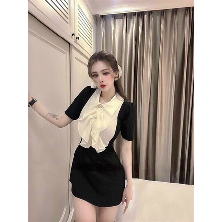 (Ưu Đãi FreeShip) Đầm tiểu thư đi tiệc,thiết kế cổ bèo phối màu dễ thương,chất đẹp hàng chuẩn shop