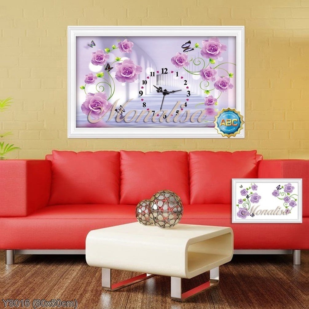 Tranh đính đá Đồng hô` hoa hồng tím (Y8016) 💥 kích thước 80*50 cm 📌