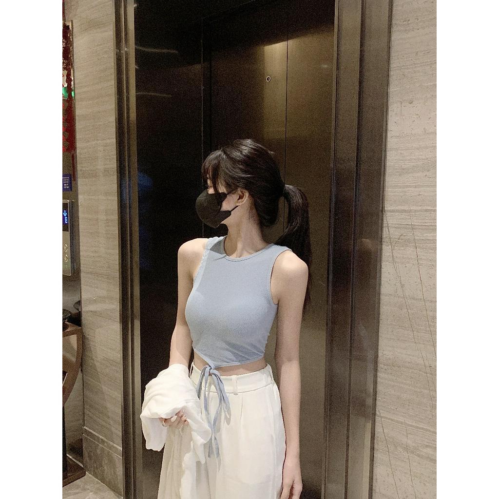 Áo Tank Top chất gân tăm cao cấp có đệm ngực Áo ba lỗ phối dây buộc 2 kiểu trendy