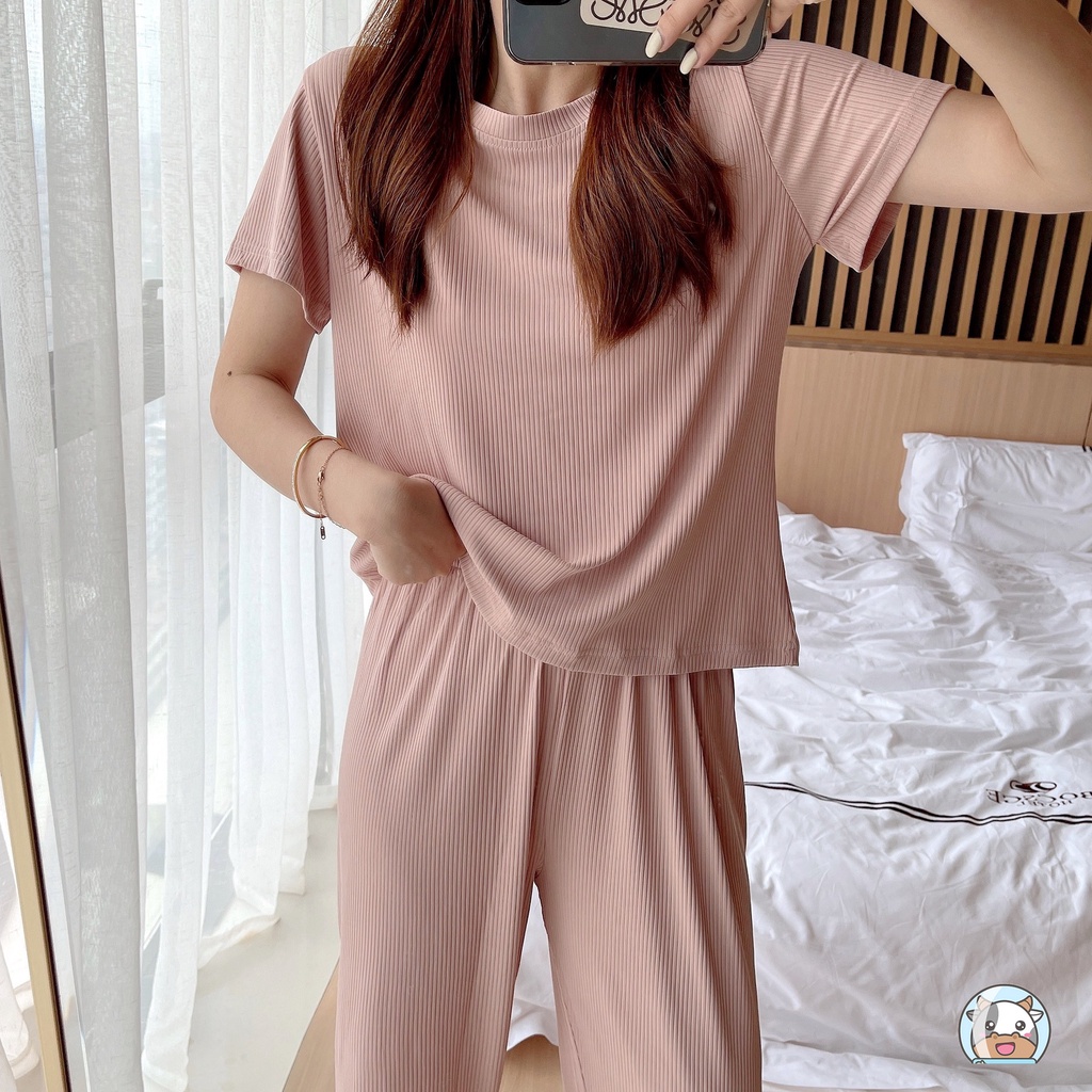 Bộ Đồ Ngủ Tay Ngắn Màu Sắc Trơn Chất Liệu Co Giãn Thời Trang Mùa Hè Cho Nữ