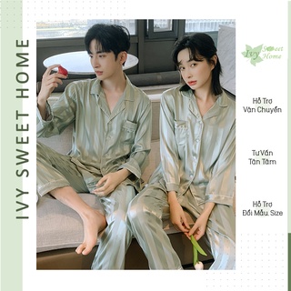 Đồ Ngủ Satin Lụa Màu Xanh xám 💫 Đồ Đôi Mặc Nhà Ngắn Dài Nam Nữ 💫 IVY614G