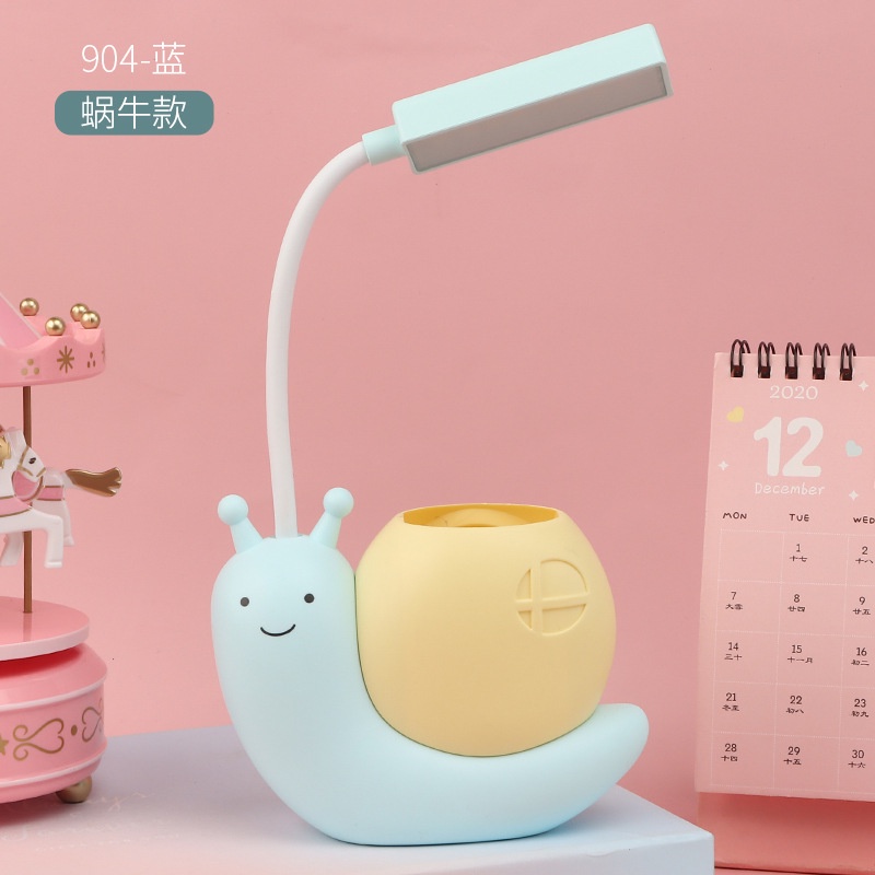 Đèn học để bàn chống cận tích điện mini kèm ống cắm bút, cổng sạc usb hình chú ốc sên