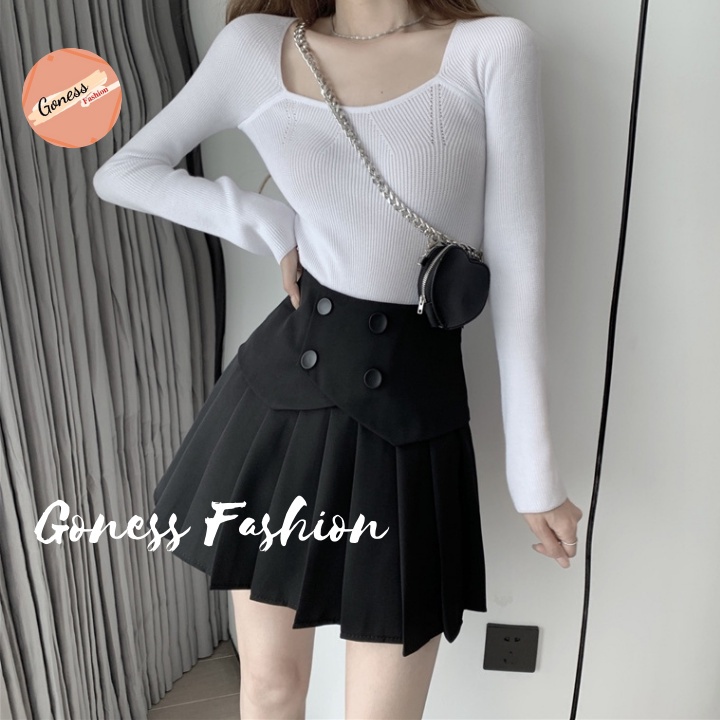 Chân váy tennis xếp ly màu trắng đen xếp li skirt cạp lưng cao ngắn chữ a phối cúc phong cách ulzzang Goness - Hàng mới
