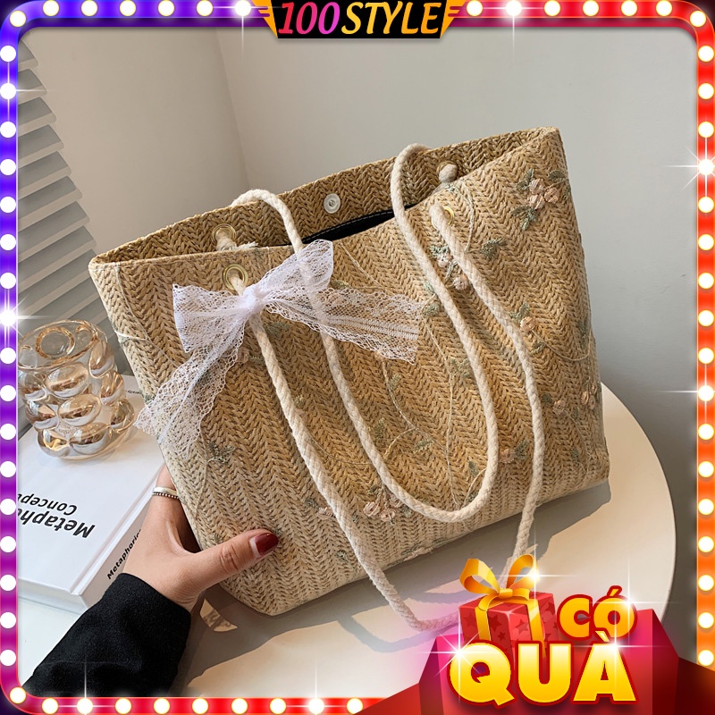 Túi Cói Vuông Lớn Thêu Hoa Quai Thừng Phối Nơ Ren Xinh Xẻo