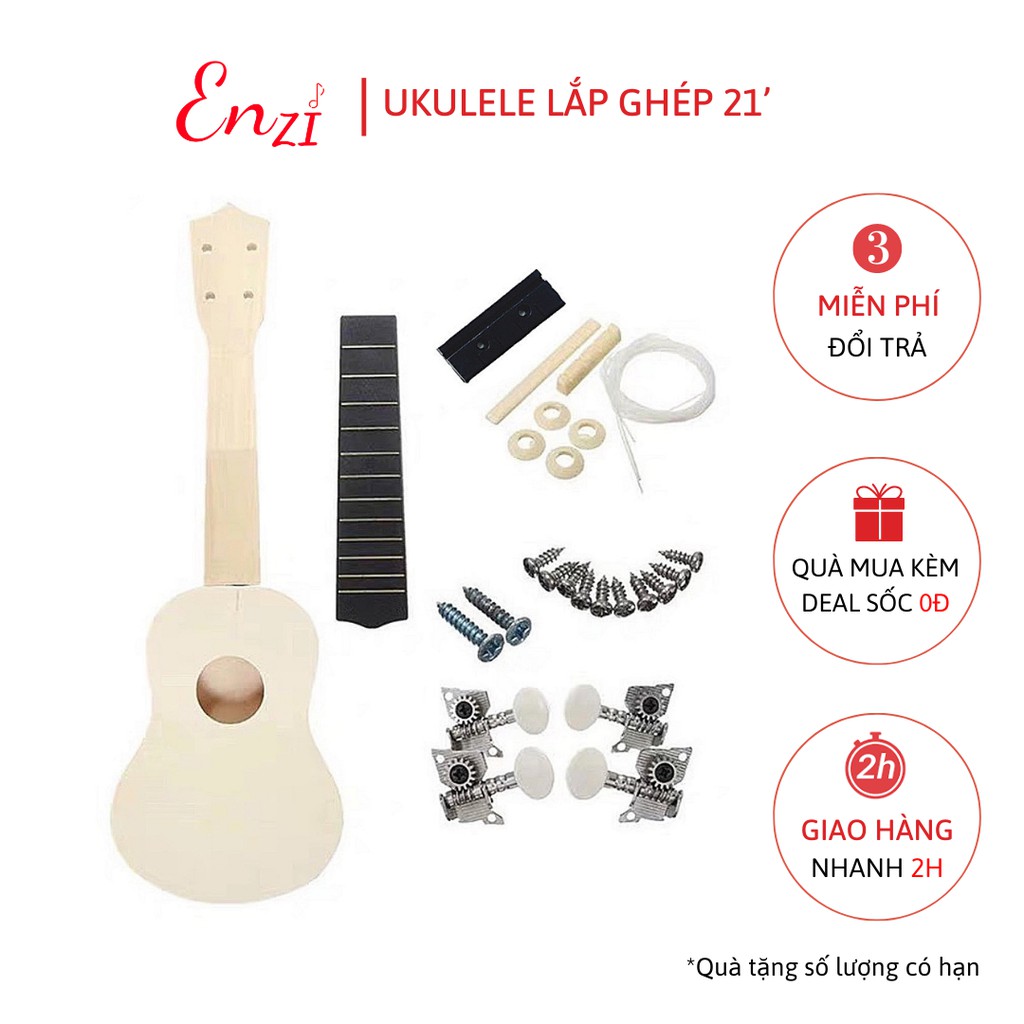 Đàn ukulele soprano 21 inch gỗ mộc chưa sơn tự lắp ghép dành cho các bạn tự sáng tạo Enzi