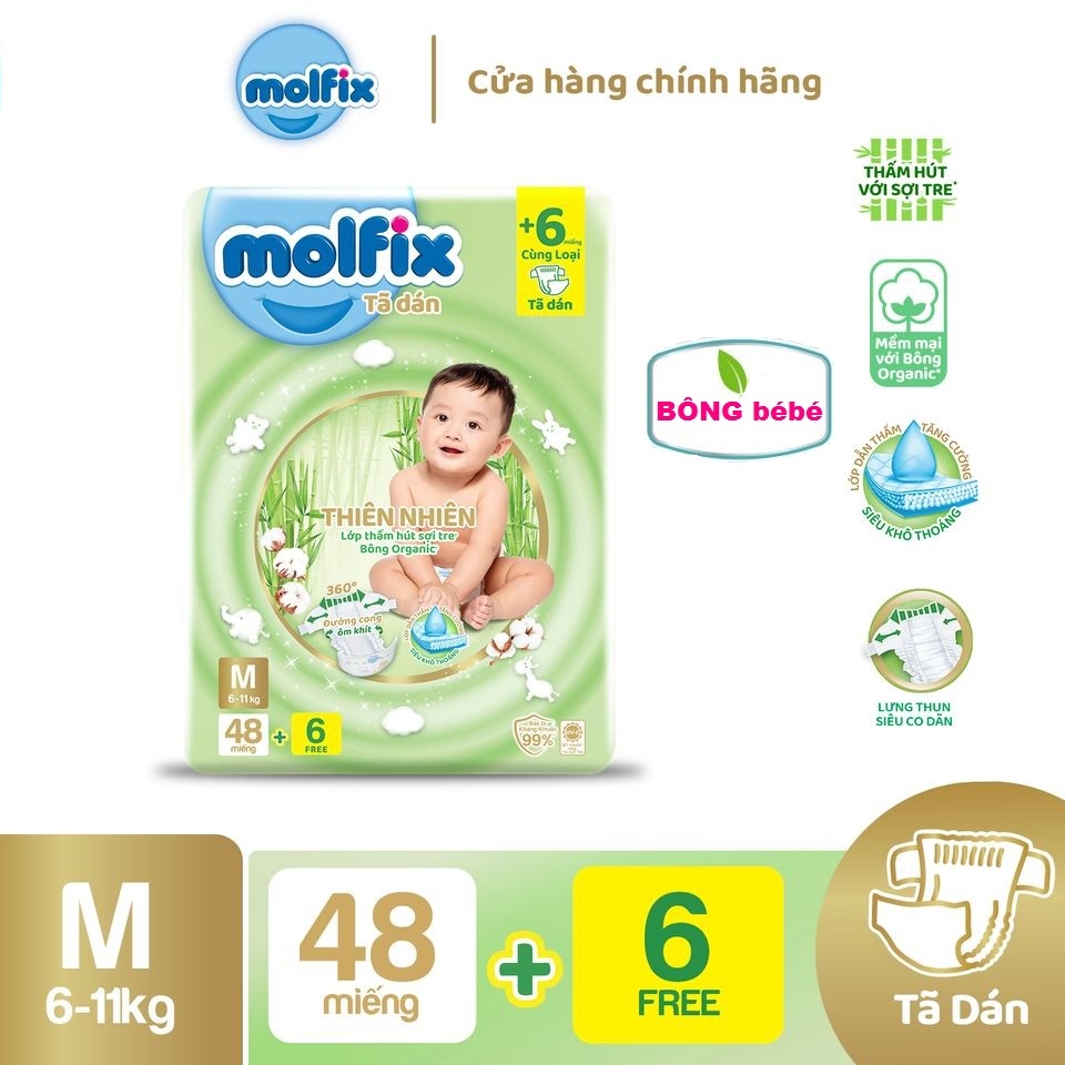 Bỉm Molfix bỉm dán thiên nhiên an toàn bông tự nhiên - Jumbo M (6kg - 11kg) - Gói 48+6 miếng