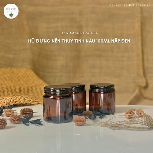 Hũ đựng nến thơm 100ml thuỷ tinh nâu nắp đen - Cốc đựng nến cao cấp