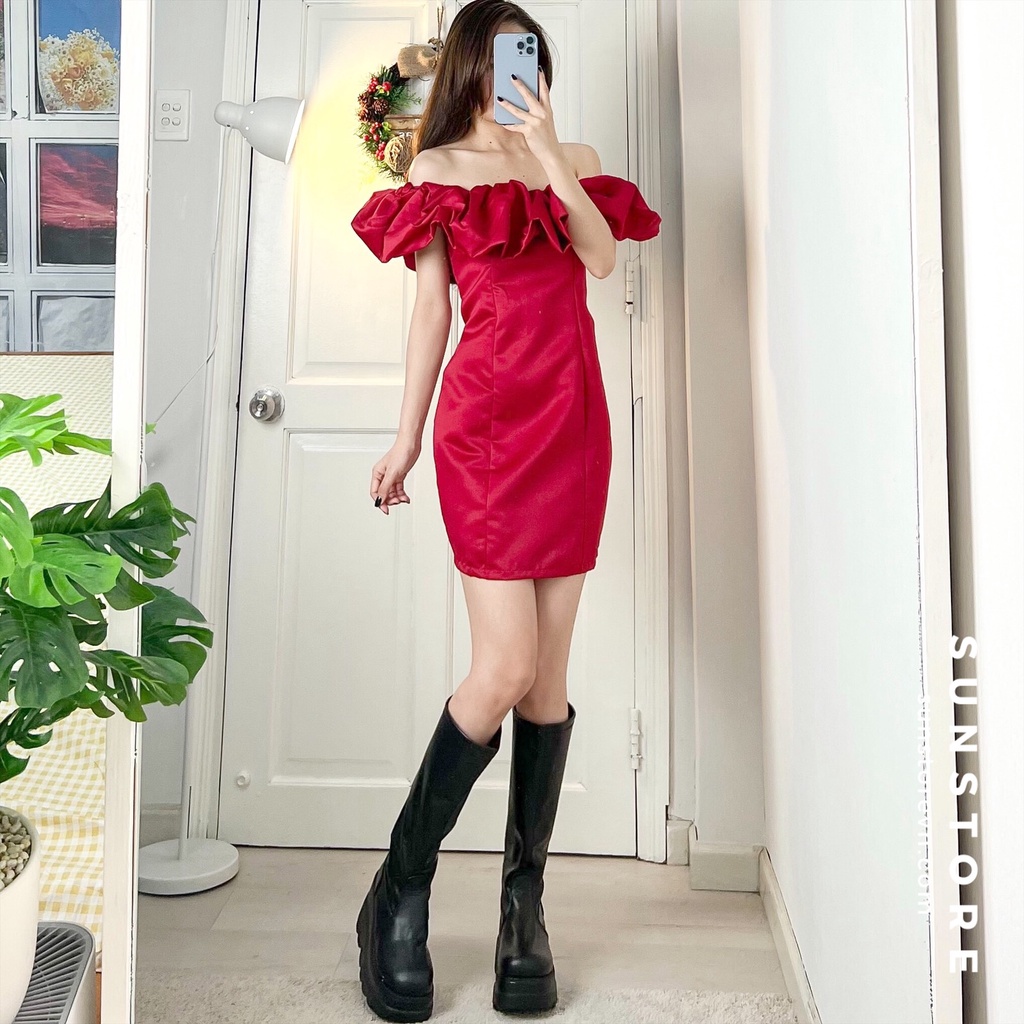 Đầm dự tiệc trễ vai dáng ngắn mini váy bút chì không tay bèo phồng màu đỏ