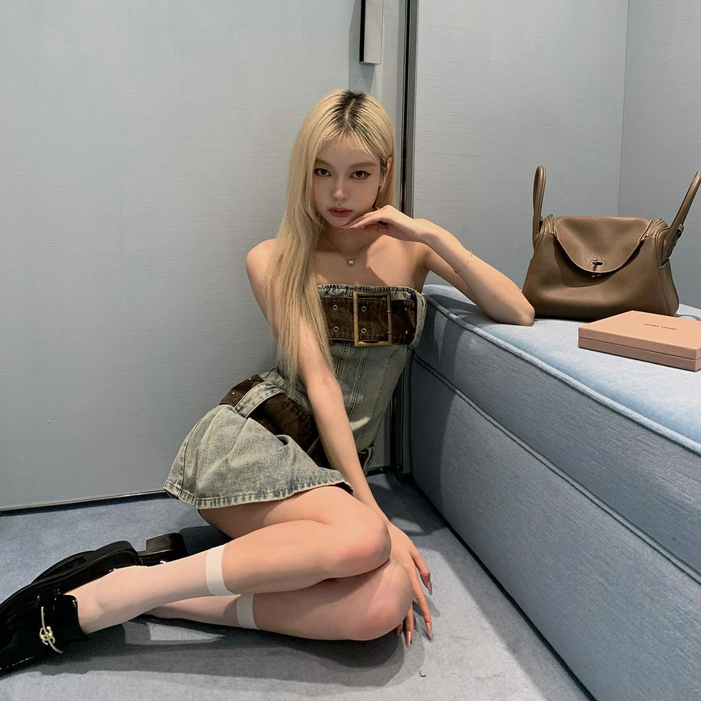 Đầm denim Ngắn Quấn Ngực Phong Cách retro Mỹ Thời Trang Mùa Hè Hàng Mới Dành Cho Bạn Gái