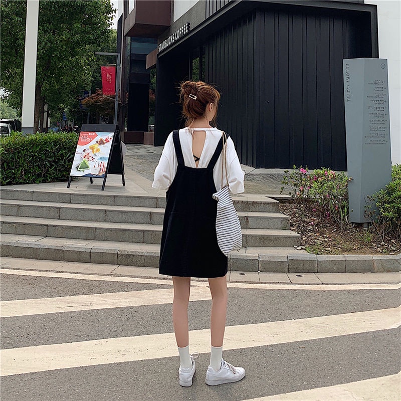 Đầm yếm denim màu trơn dáng rộng phong cách Hàn Quốc thời trang mùa hè cho nữ