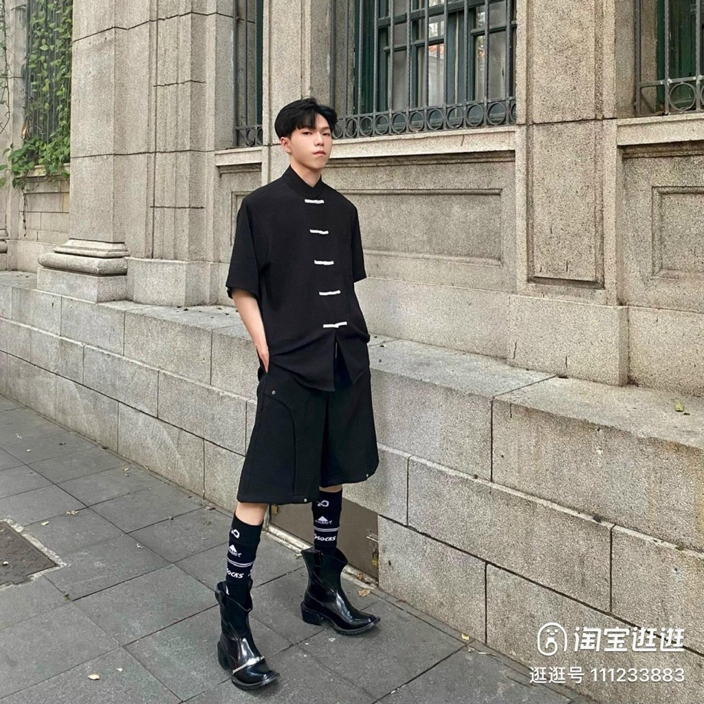 Áo Shanghai vải Tổ Ong Nút tàu Trắng form unisex