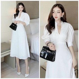 Đầm váy trắng cổ trụ tay phồng
