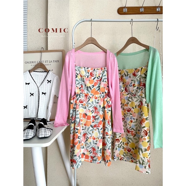 COMIC - set đầm hoa cut eo kèm cadigan mỏng