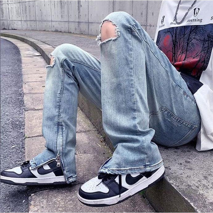 [xả kho] Quần jean ống suông nam khóa zip co giãn ống rách gối màu xanh bạc nhạt đẹp mới hà nội hcm Pon.mens