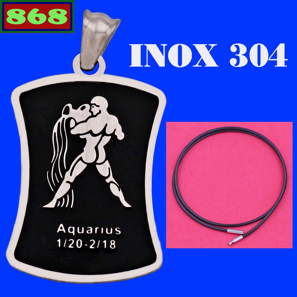 Mặt cung Bảo Bình (Aquarius) inox kèm vòng cổ dây cao su đen - mặt cung hoàng đạo
