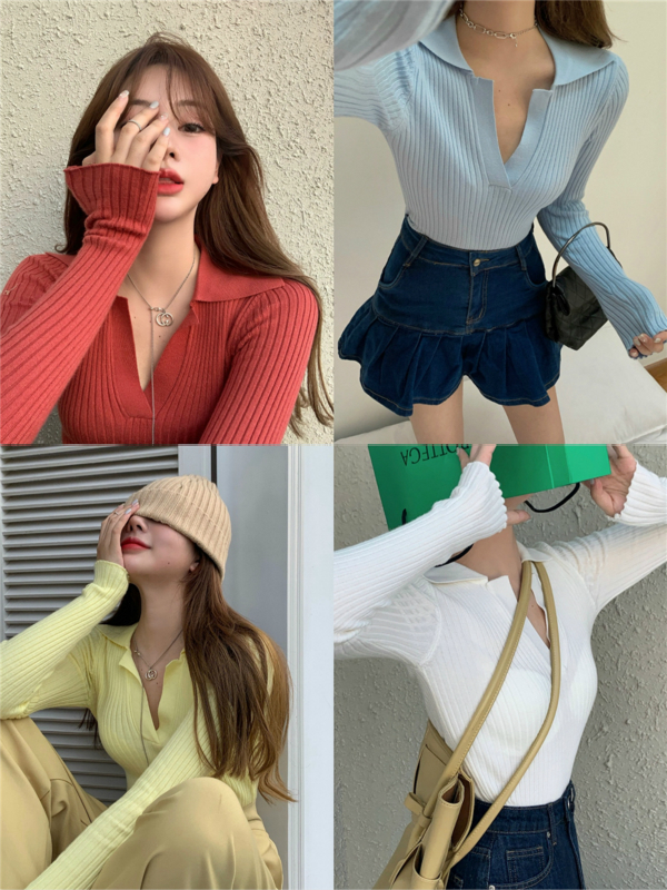Áo kiểu ngắn tay dài cổ polo chữ V ôm dáng mẫu 2021 thời trang mùa thu mới quyến rũ dành cho nữ WD1424 | BigBuy360 - bigbuy360.vn