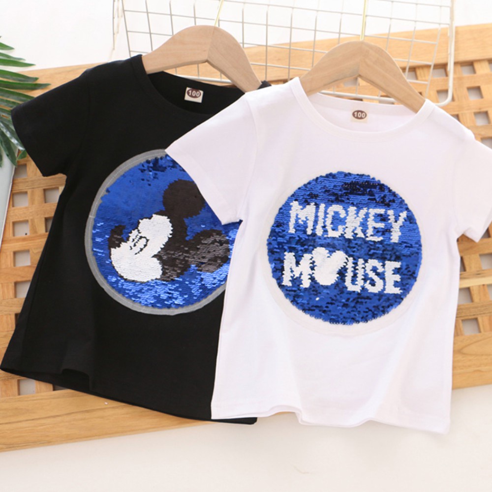Áo thun Tay Cho Bé Ngắn Mùa Mickey cổ tròn in hình chuột Bé Gái
