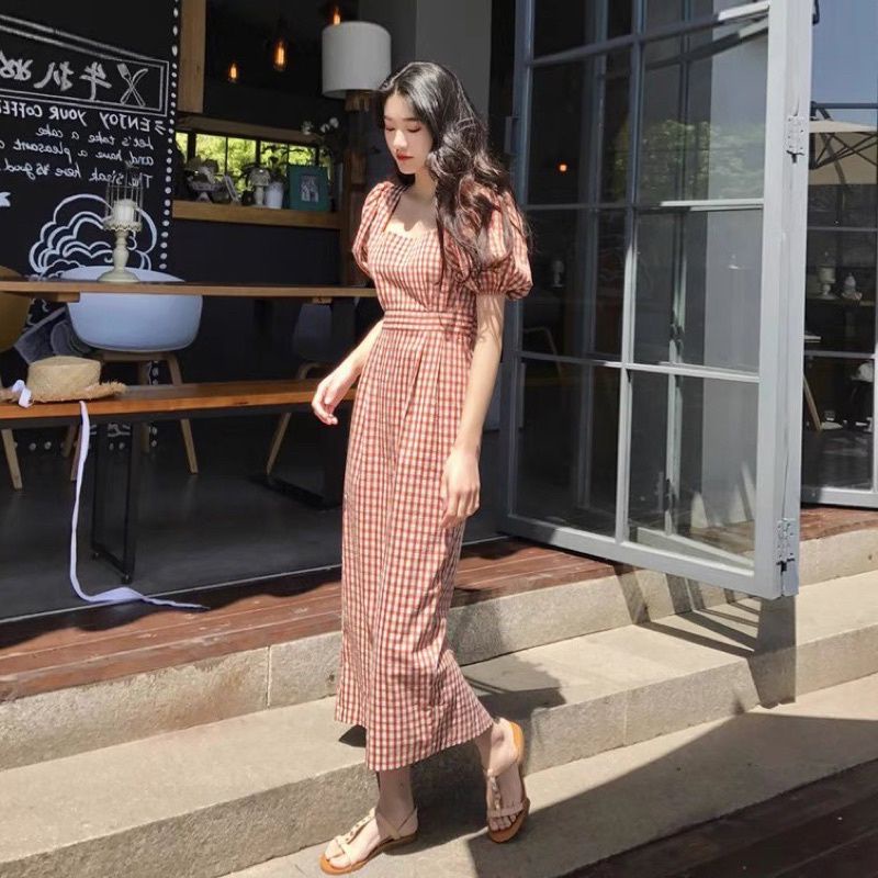 ĐẦM MIDI CỔ XUÔNG CA RÔ HỒNG XINH XINH CR99