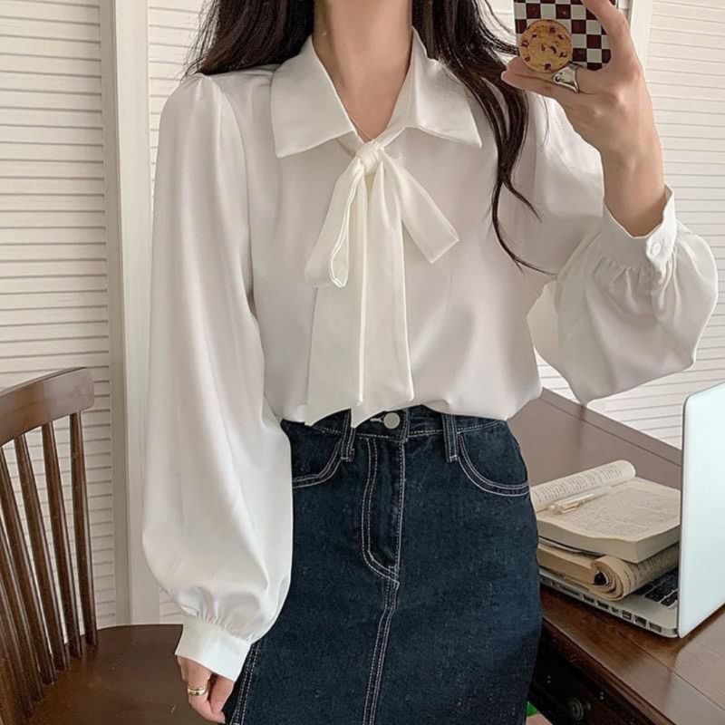 Áo sơ mi kiểu nữ buộc nơ cổ tay bồng tiểu thư