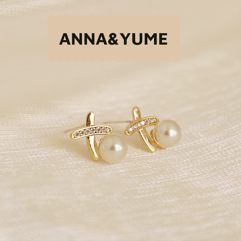 Bông tai, Khuyên tai nữ ngọc trai nhân tạo hình chữ X phụ kiện trang sức dễ thương