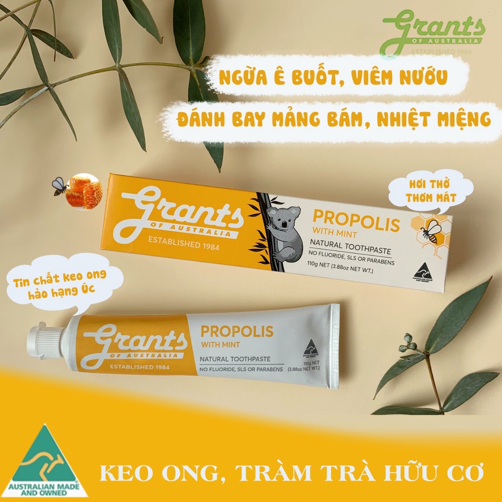 Kem đánh răng thảo dược hữu cơ keo ong, tràm trà Grants 110g