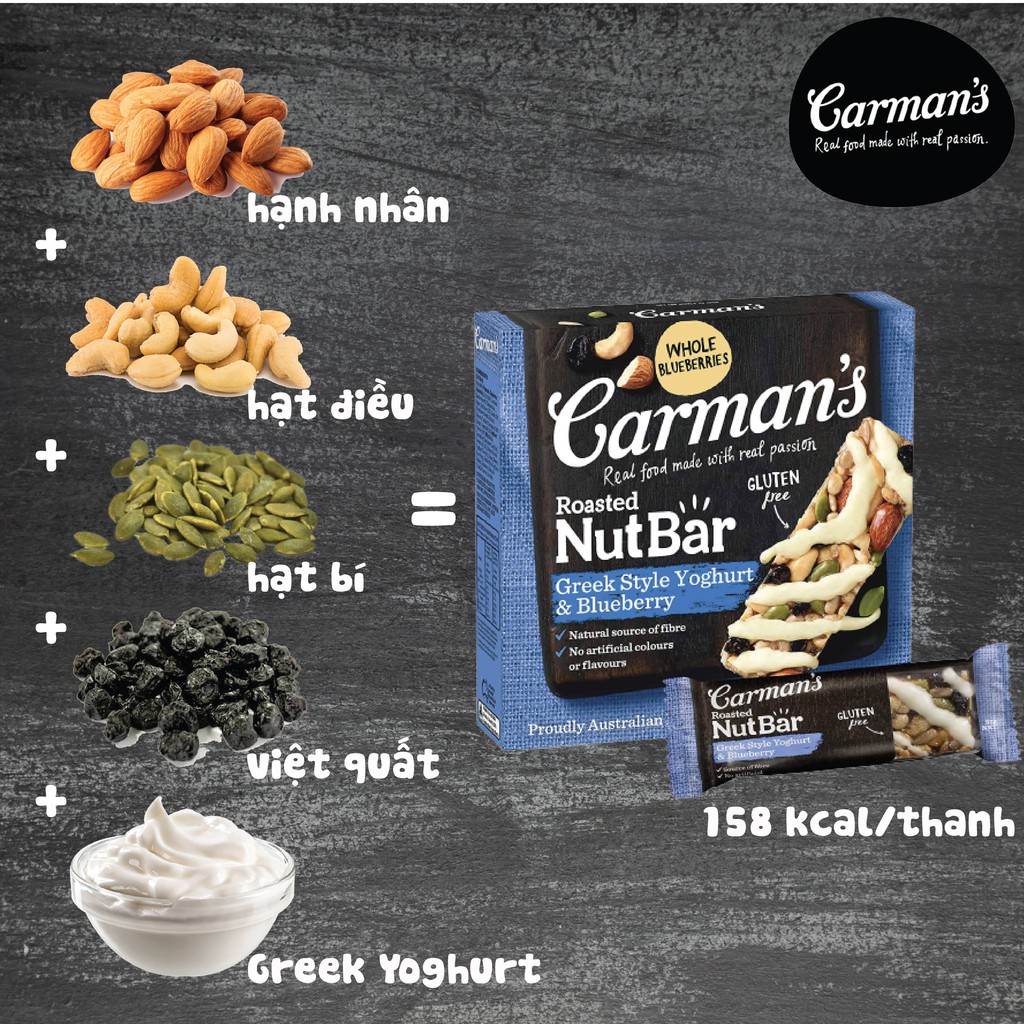 Thanh Hạt Dinh Dưỡng Carman's Nut Bar Greek Style Yoghurt, Blueberry - Sữa Chua Hy Lạp, Việt Quất - 160g