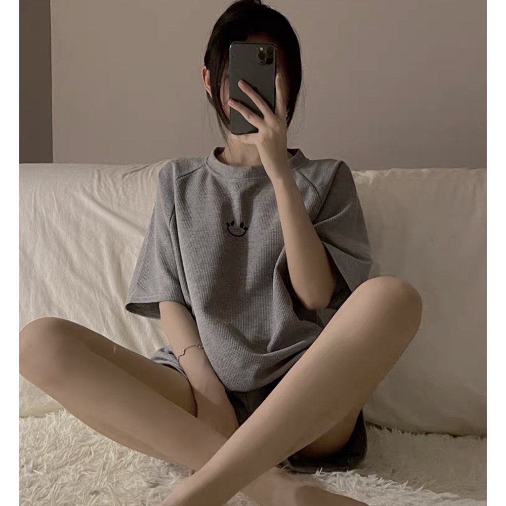 Set Raglan Tổ Ong Thêu Mặt Cười PEONYB Nữ  🌸 Bộ đồ quần short kèm áo thun form rộng tay lỡ hàn quốc Ulzzang 🌸