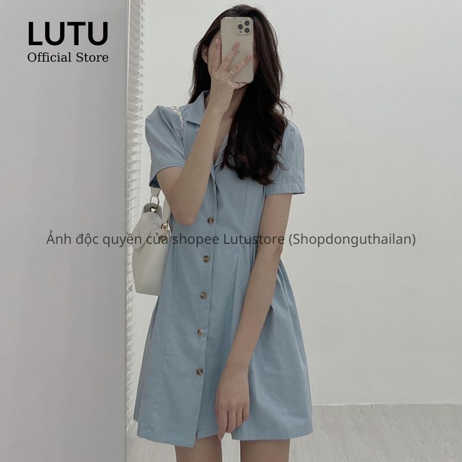 Váy sơ mi tay bồng chiết eo dáng chữ A chất mềm mát phong cách vintage