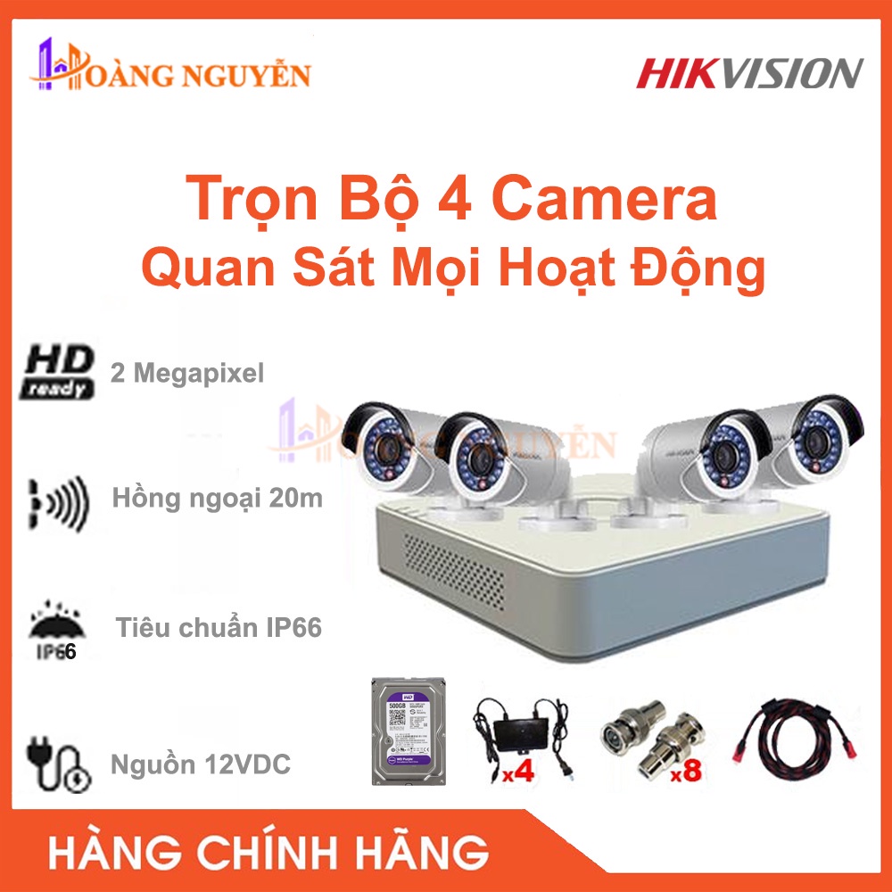 [NHÀ PHÂN PHỐI] Trọn bộ 4 Camera Hikvision 2M DS-2CE16D0T-IR - Camera Full HD Ngoài Trời Thân Sắt, Độ Nét Cao, Giá Rẻ