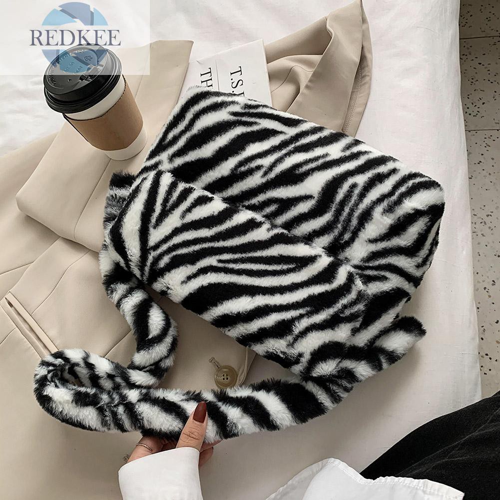 Redkee Casual Zebra Pattern Shoulder Envelope Bag Women Plush Big Capacity Satchel