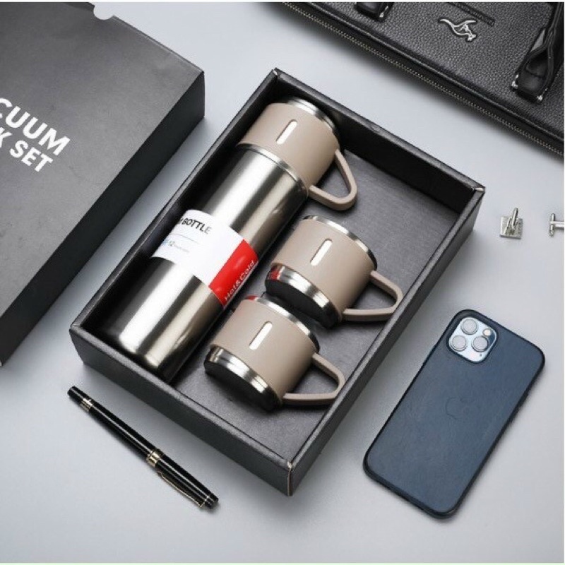 Bình giữ nhiệt kèm 2 ly cao cấp 2 lớp 500ml kèm túi quai xách sang trọng