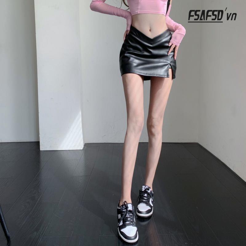 Chân Váy Chữ A Da PU Lưng Thấp Quyến Rũ