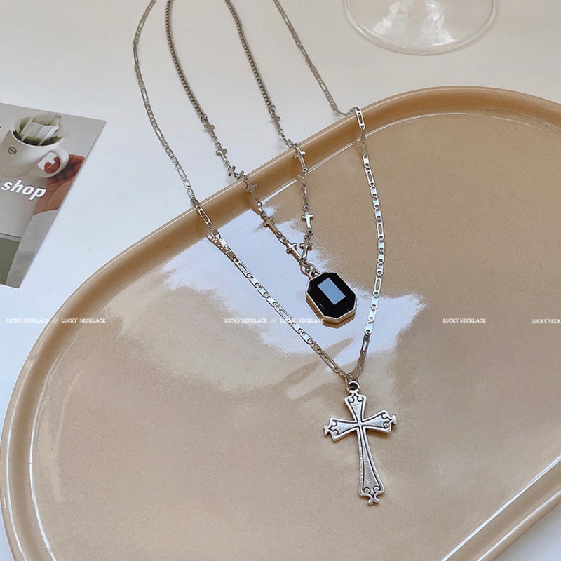 Dây chuyền 191099 nhiều lớp mặt thánh giá đính kim cương màu đen phong cách hip hop đường phố độc đáo