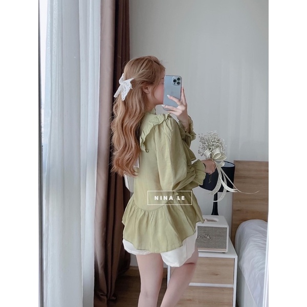Set áo baby doll tầng cổ viền bèo đỏ xanh với quần short lưng thun chất takta cá tính nữ | BigBuy360 - bigbuy360.vn