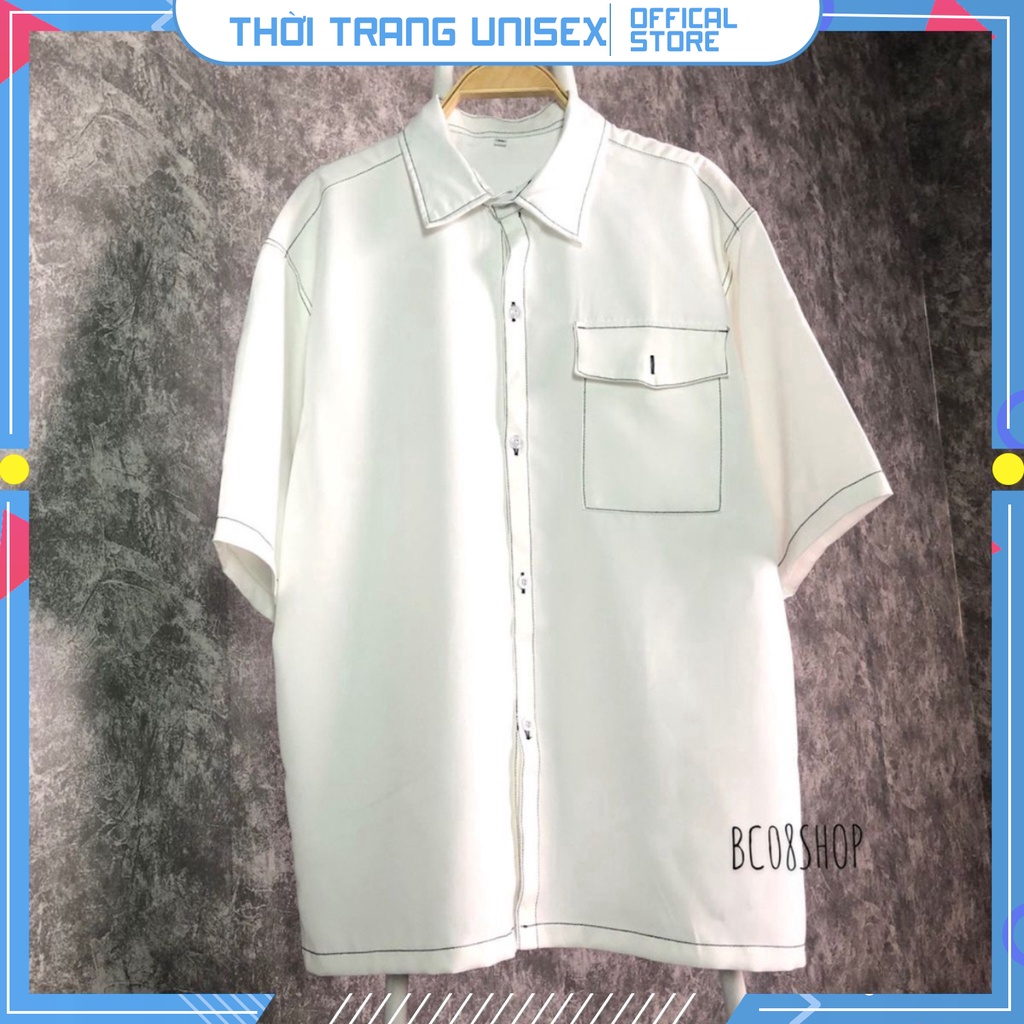 💥  Áo Sơ Mi Nam Tay Lỡ Viền Chỉ Nổi Phong Cách Unisex 2 màu Đen Trắng 🔥 🔥🔥