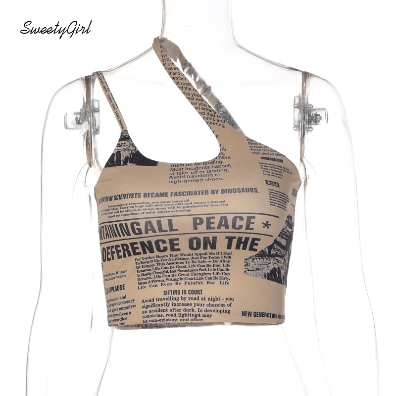 Áo Hai Dây Cổ Thấp In Họa Tiết Báo Chí Thời Trang 2022 Cho Nữ