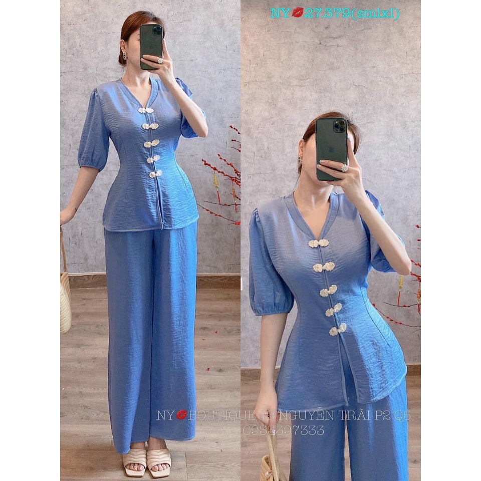 Bộ lam ống suông nút tàu tay lỡ gấm xước . Có sẵn