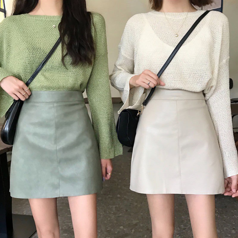 Chân Váy Da Pu Lưng Cao Thiết Kế Dáng Chữ A Nữ Tính