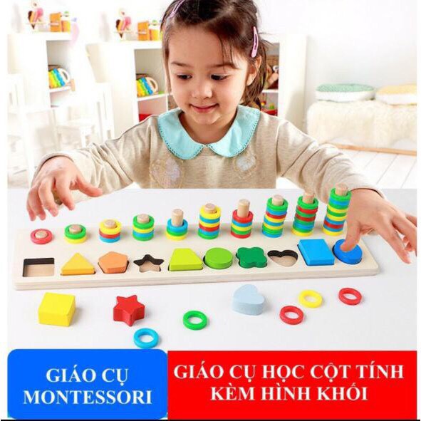 Giáo Cụ Montessori Học Đếm Bậc Thang 10 Cột Tính Hình Khối Màu Sắc