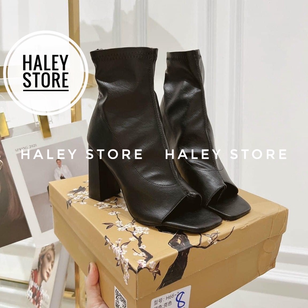 (PHOM NHỎ LẤY LÊN 1 SIZE) Giày bốt boot nữ thời trang HALEY STORE xỏ ngón hở mũi cao gót vuông 9cm rẻ bền đẹp thu đông