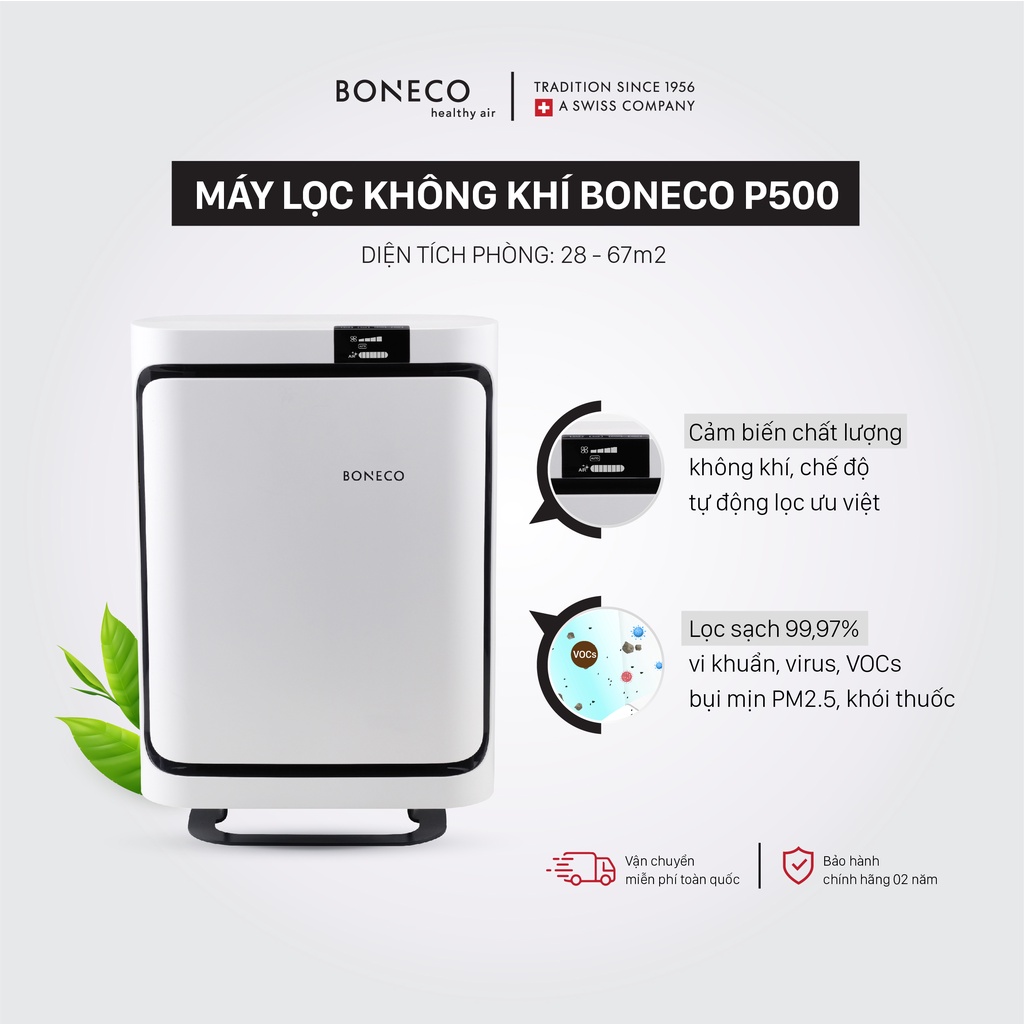 Máy Lọc Không Khí Cao Cấp BONECO P500 Chống Dị Ứng, Khử Mùi, Diệt Khuẩn, Lọc Bụi, Khuếch Tán/ Xông Tinh Dầu, <67m2