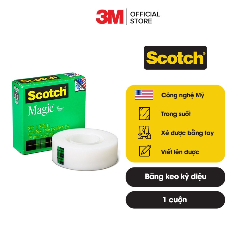 Băng keo kì diệu Magic Tape Scotch 3M 810 19.05mm x 32,9m - Trong suốt, siêu dính, viết lên được, xé được bằng tay