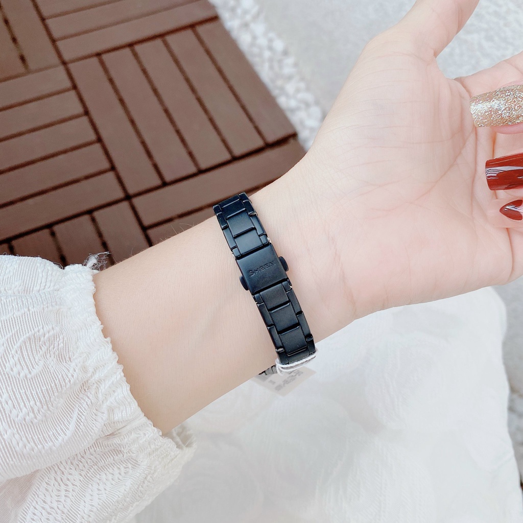 Đồng hồ nữ cao cấp Casio Sheen 4051BD Dây thép mạ ion đen mặt kính khoáng đính đá Bảo hành 1 năm Hyma watch