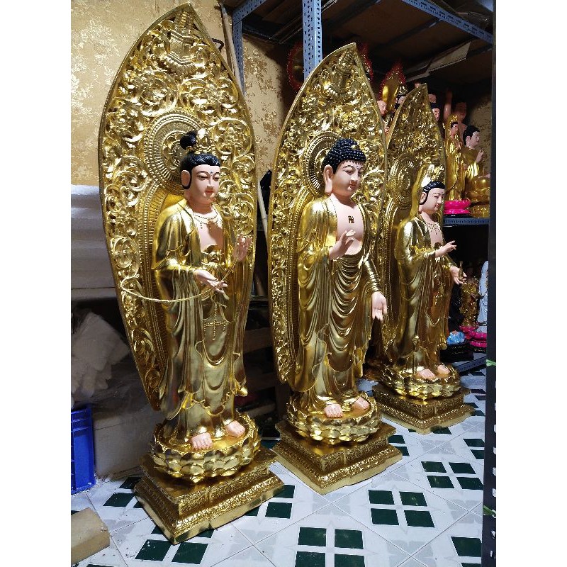 Bộ tượng Tây phương tam thánh dát vàng 1.6m cả lá đề