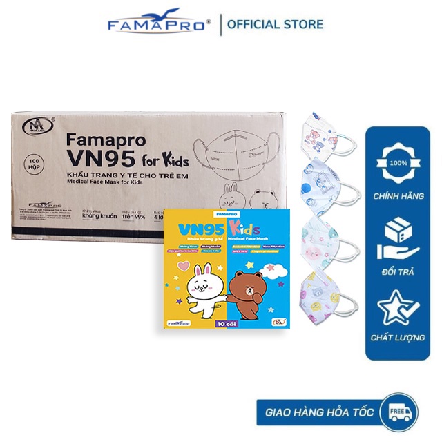 [VN95 KIDS- THÙNG 100 HỘP] Khẩu trang y tế trẻ em Famapro 4 lớp kháng khuẩn (10 cái/hộp)