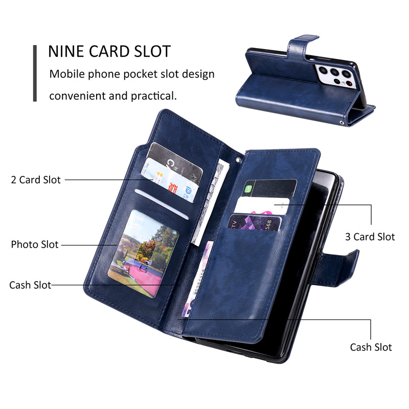 Samsung Nine Card Slot Leather Case S21 Plus S21 ULtra M02S M02 Luxury Retro Full Protection Flip Soft Cover Casing Wallet Multi-card Slot Bracket Phone Case Protective Shell Bin Ladies Gifts Shockproof Anti-fall