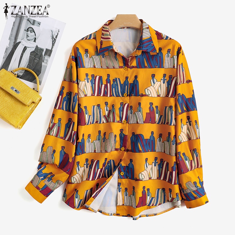 Áo sơ mi Zanzea tay dài dáng rộng in họa tiết phong cách cổ điển dễ phối đồ thời trang dành cho nữ