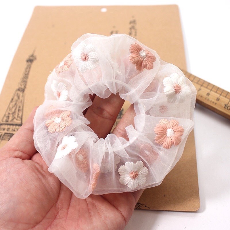 Dây buộc tóc scrunchies thêu hoa cao cấp